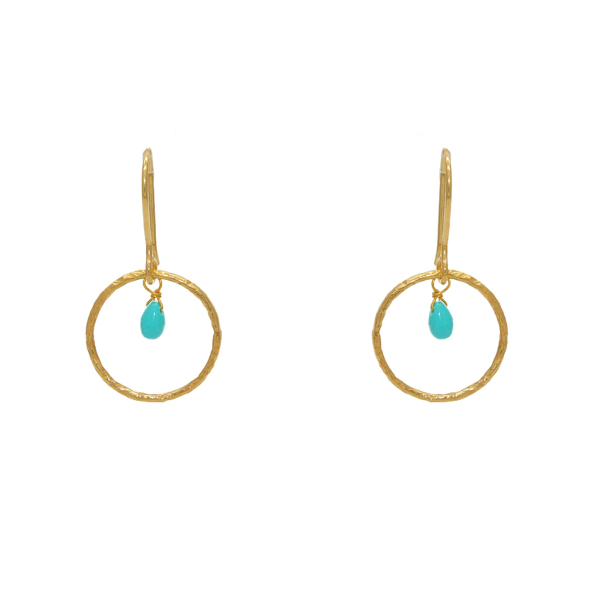 Boucles dorées anneau martelé et goutte pierre - TURQUOISE