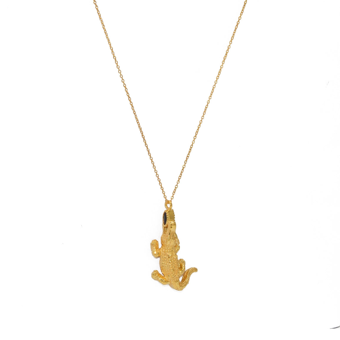 Collier doré pendentif crocodile et pierre - ONYX NOIRE