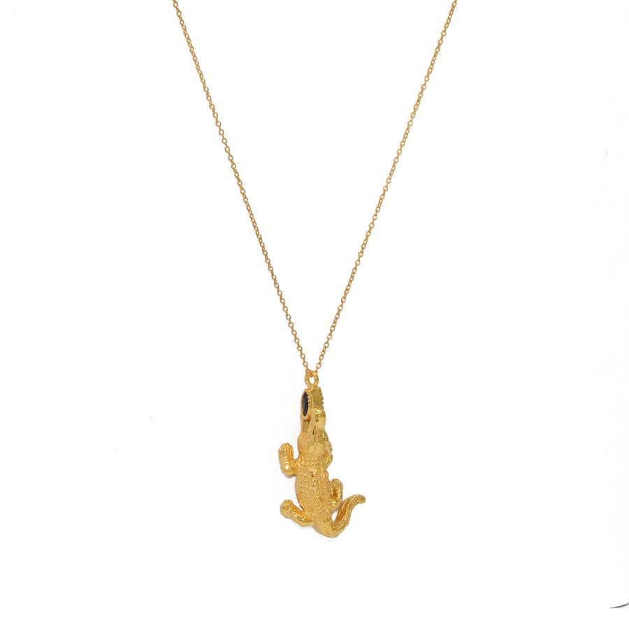 Collier doré pendentif crocodile et pierre - ONYX NOIRE