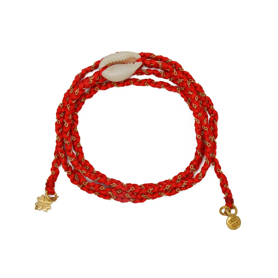 Bracelet tressé rouge doré et cauri