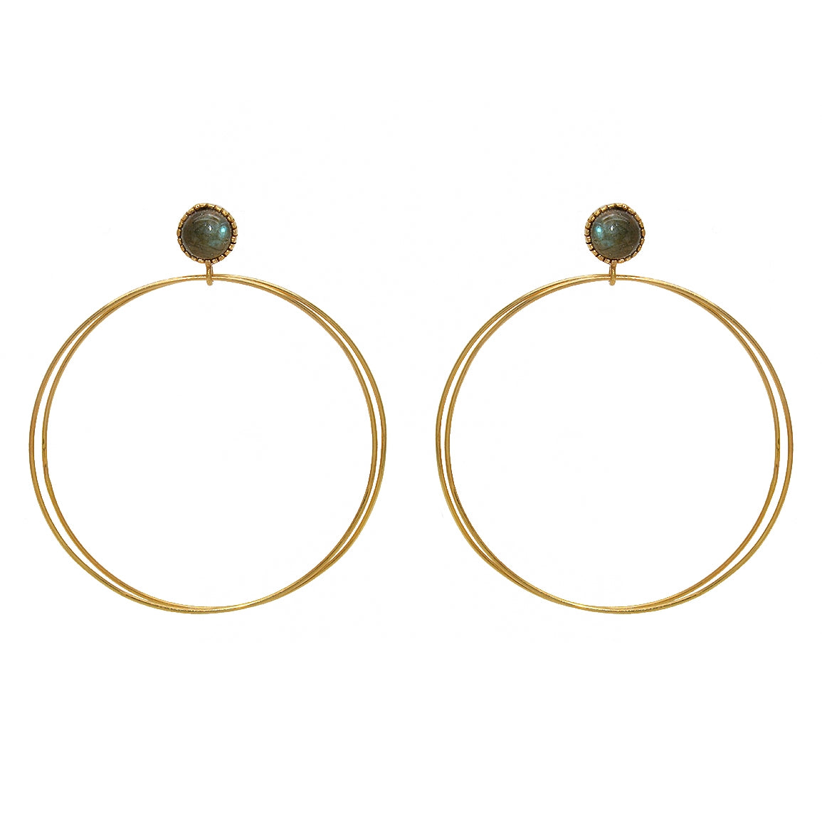 Boucles dorées double anneau et pierre cabochon -