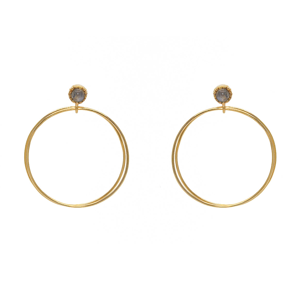 Boucles dorées double anneau et pierre cabochon (M) -