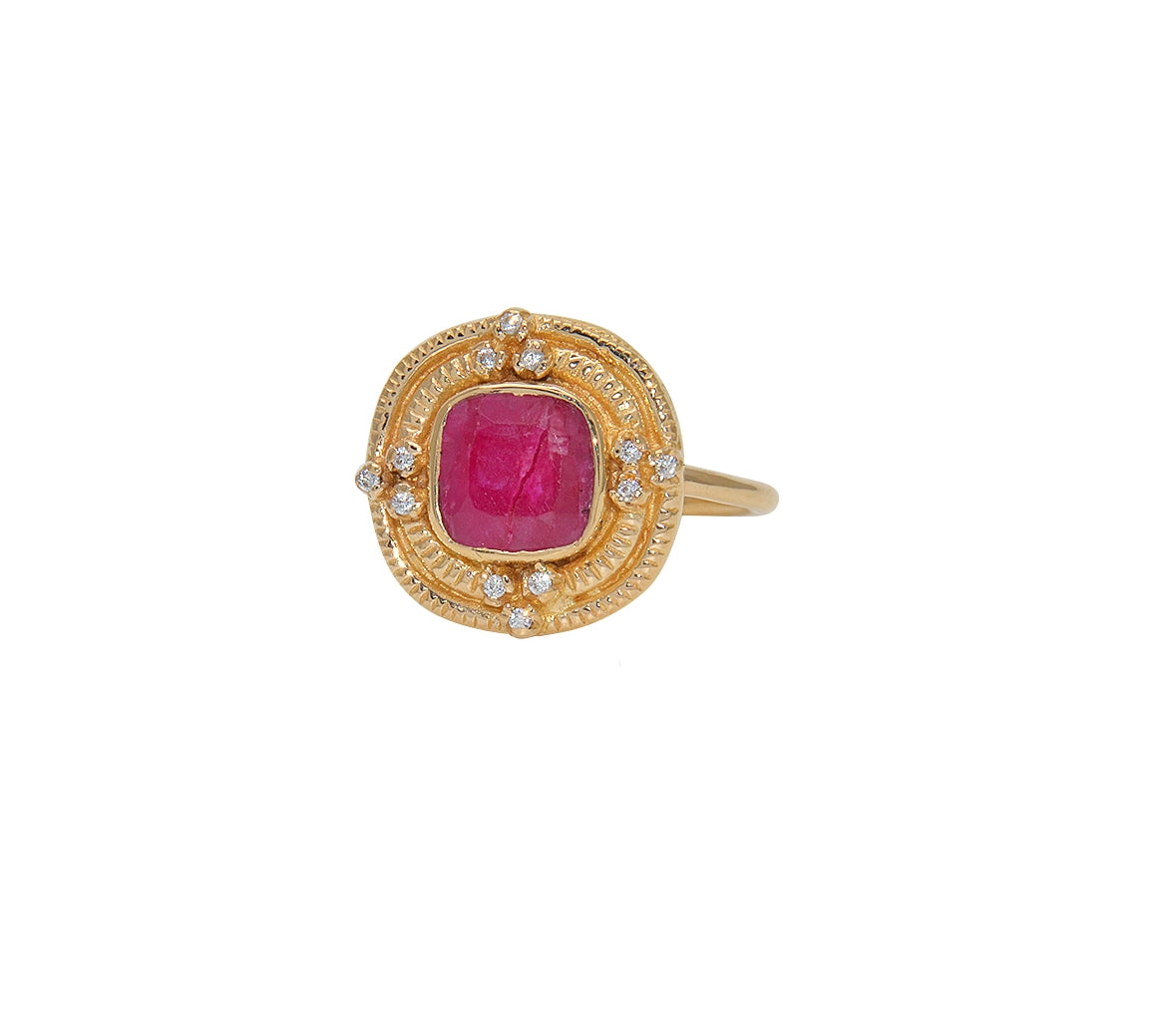 Bague dorée pierre et zircons - 50 / RUBIS & ZIRCONS BLANCS