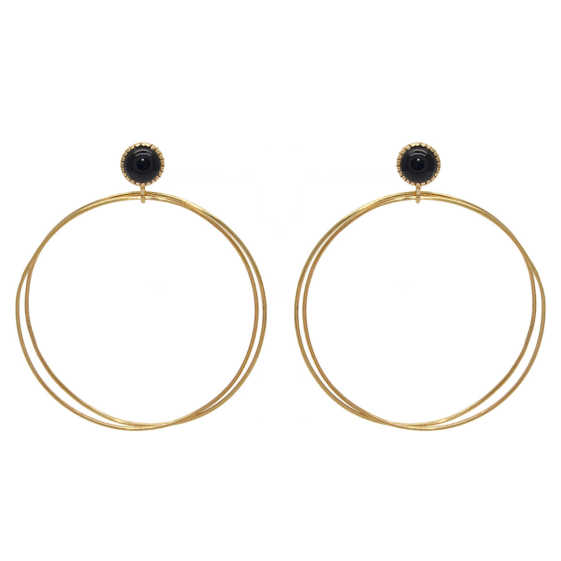 Boucles dorées double anneau et pierre cabochon - ONYX NOIRE