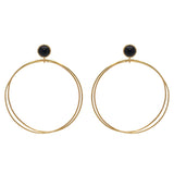 Boucles dorées double anneau et pierre cabochon - ONYX NOIRE