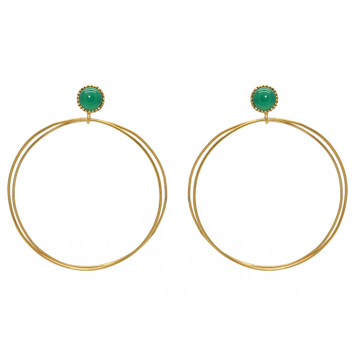 Boucles dorées double anneau et pierre cabochon - ONYX VERTE