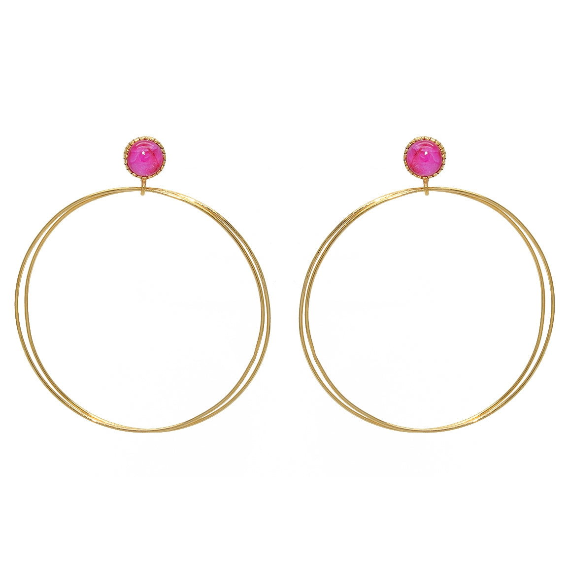 Boucles dorées double anneau et pierre cabochon - RUBIS