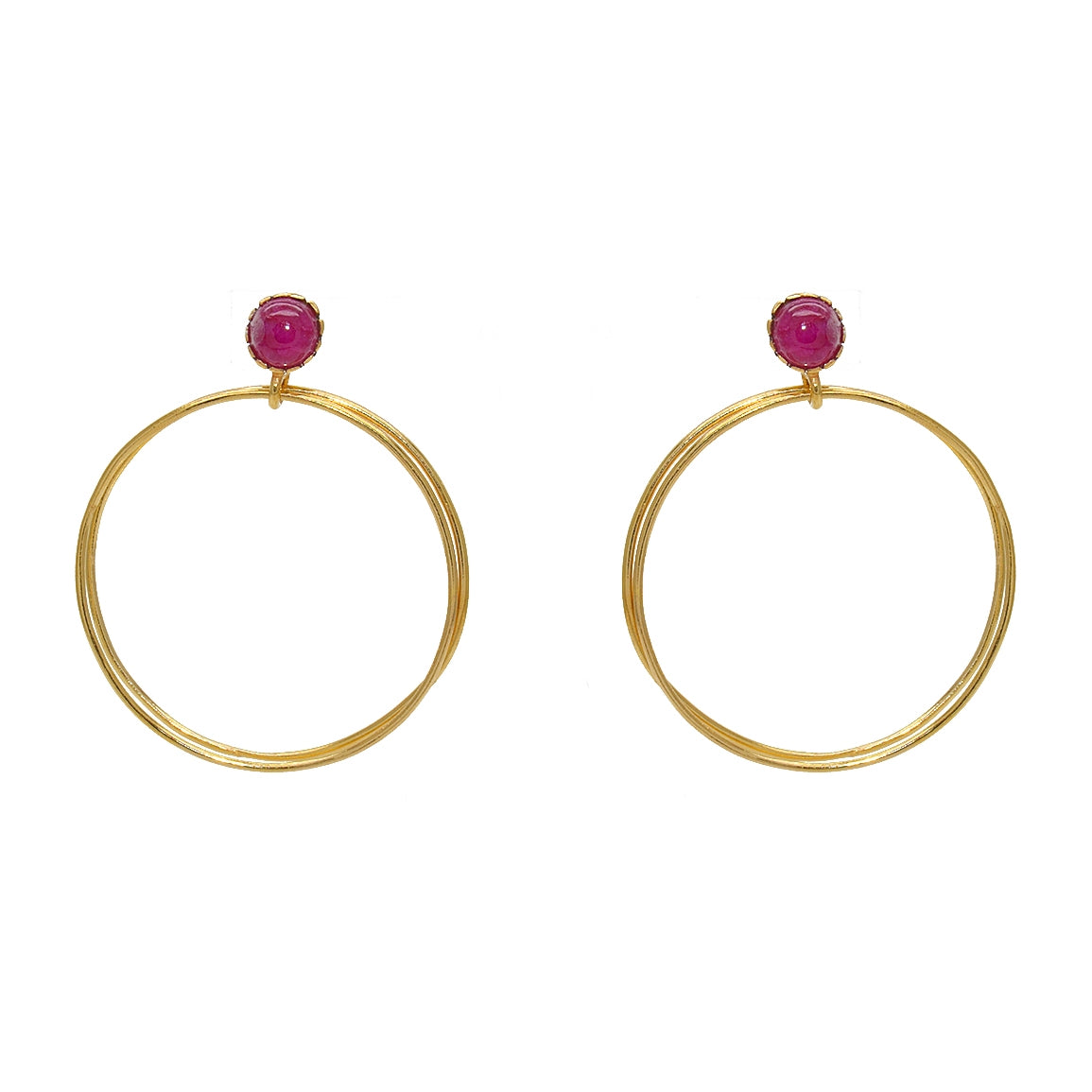 Boucles dorées double anneau et pierre cabochon (M) - RUBIS