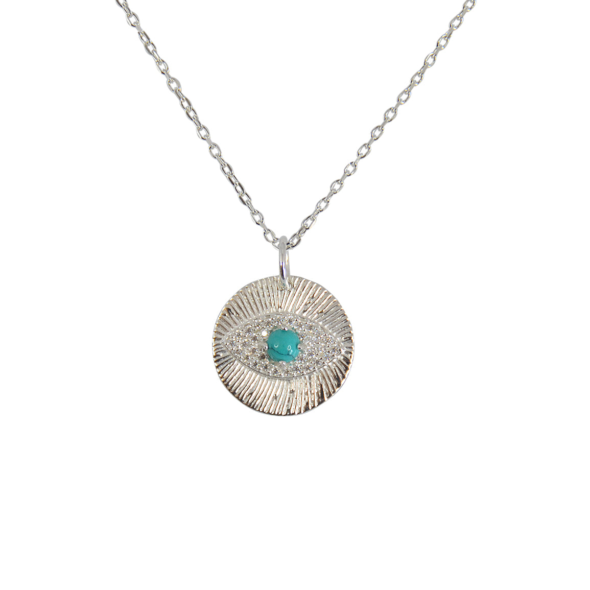 Collier médaille argent 925 oeil turquoise et zircons