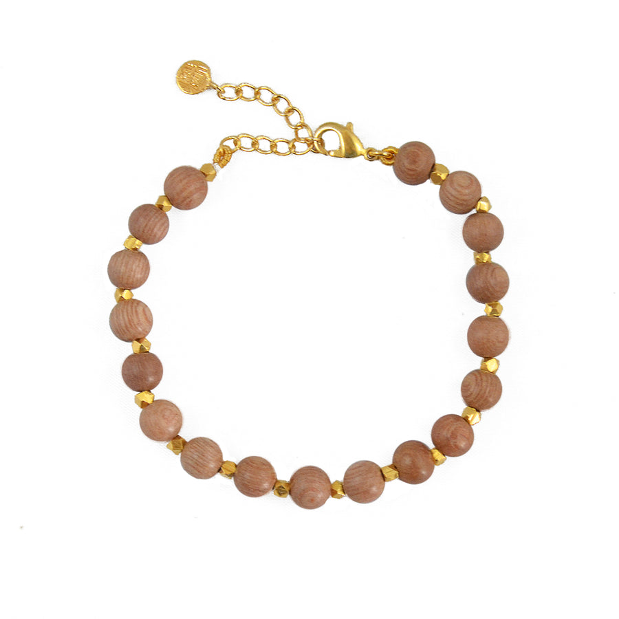 Bracelet perles en bois et perles dorées - BOIS CLAIR
