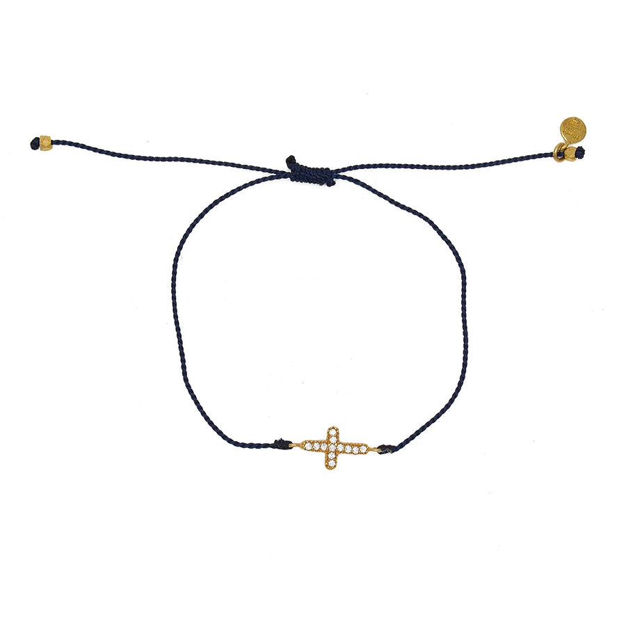 Bracelet tressé coloré croix dorée et zircons - BLEU MARINE