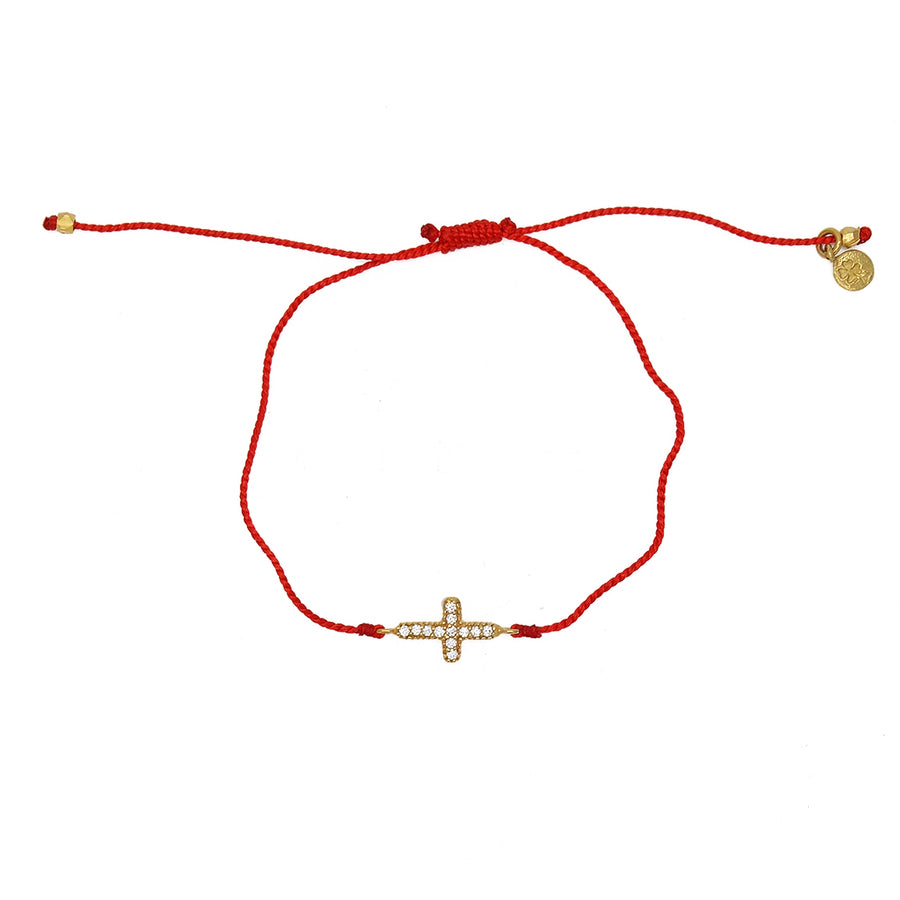Bracelet tressé coloré croix dorée et zircons - ROUGE