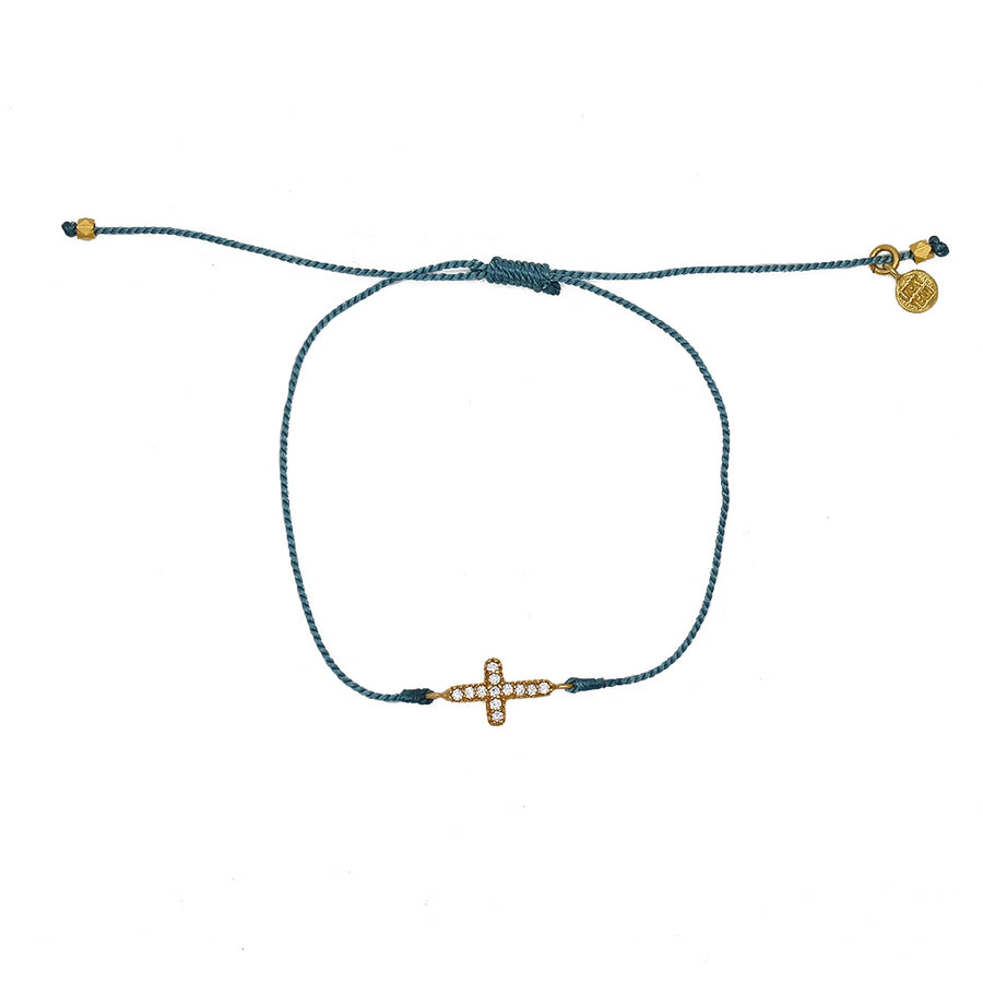 Bracelet tressé coloré croix dorée et zircons - BLEU JEAN