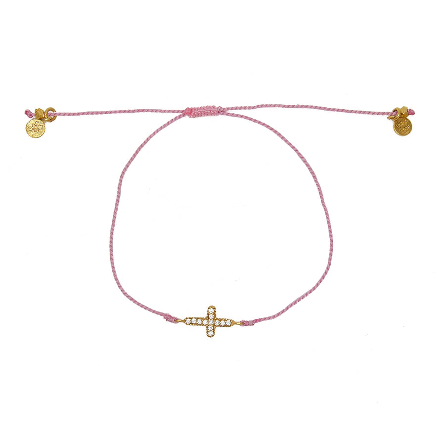 Bracelet tressé coloré croix dorée et zircons - ROSE