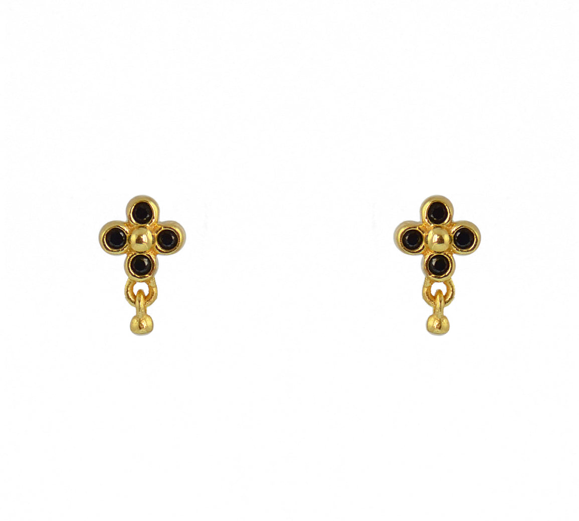 Boucles dorées fleur zircons et pampille - ZIRCON NOIR -