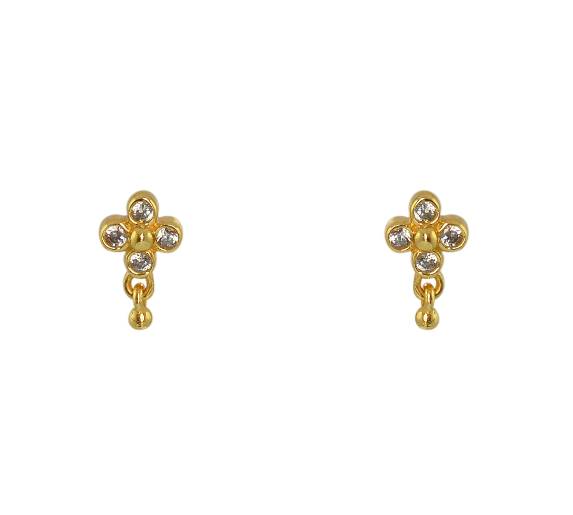 Boucles dorées fleur zircons et pampille - ZIRCON BLANC -