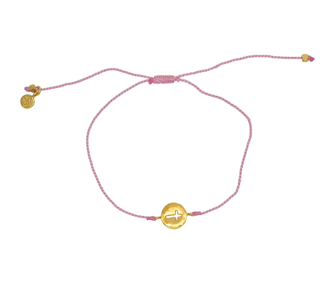 Bracelet tressé coloré médaille croix dorée - ROSE
