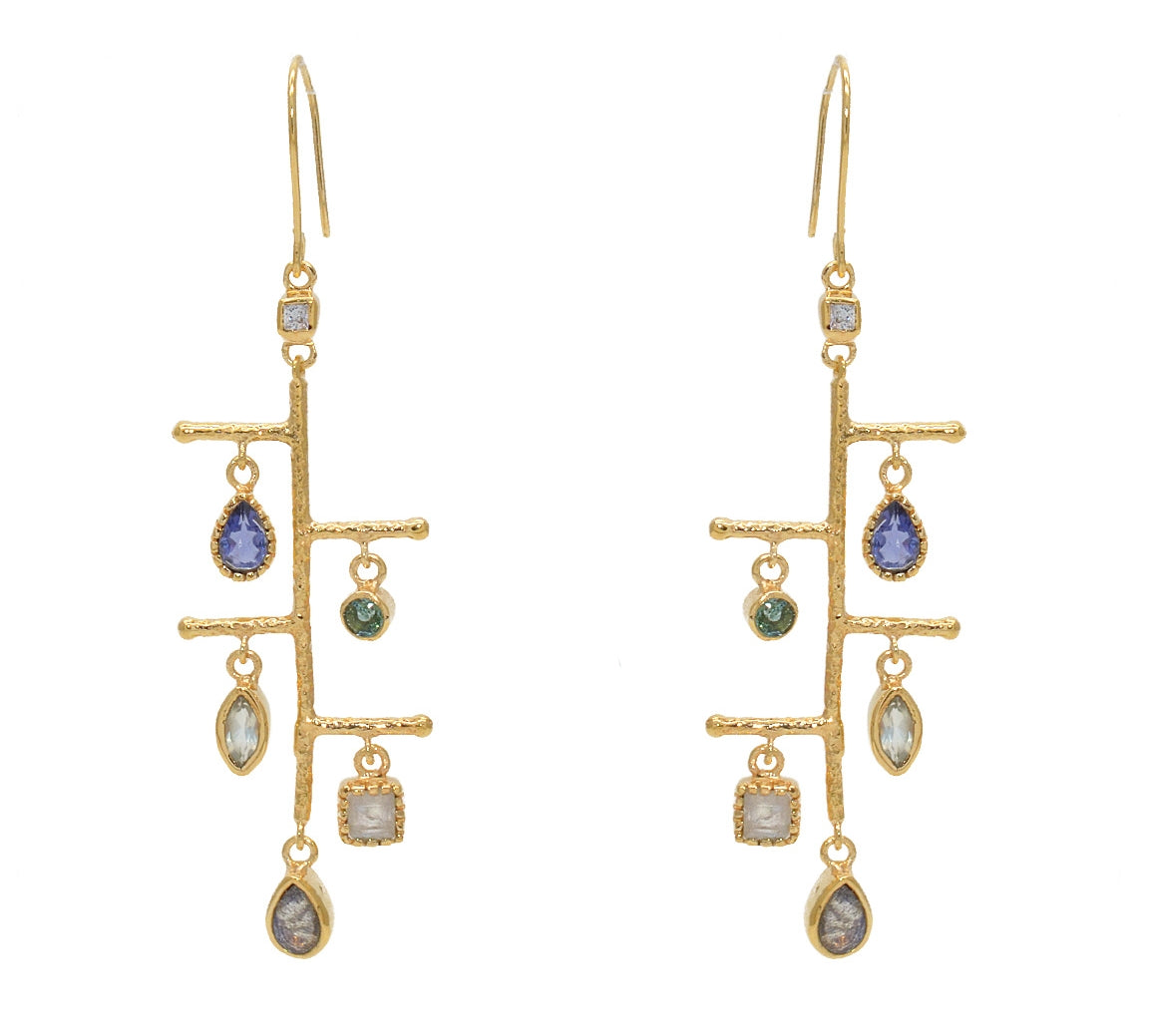 Boucles dorées martelées et pierres - TOURMALINE - IOLITE -