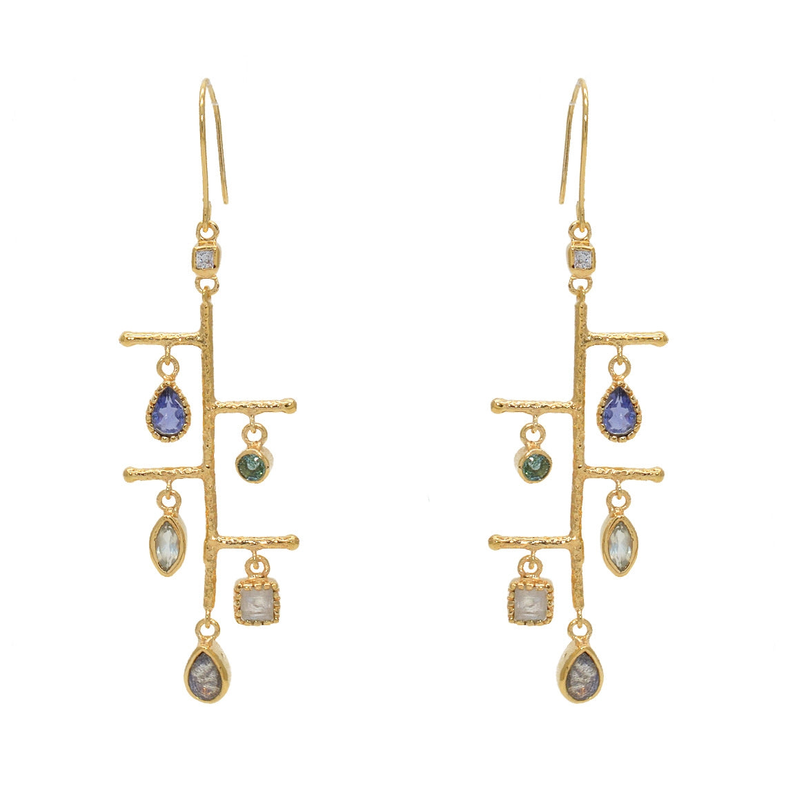 Boucles dorées martelées et pierres - TOURMALINE - IOLITE -