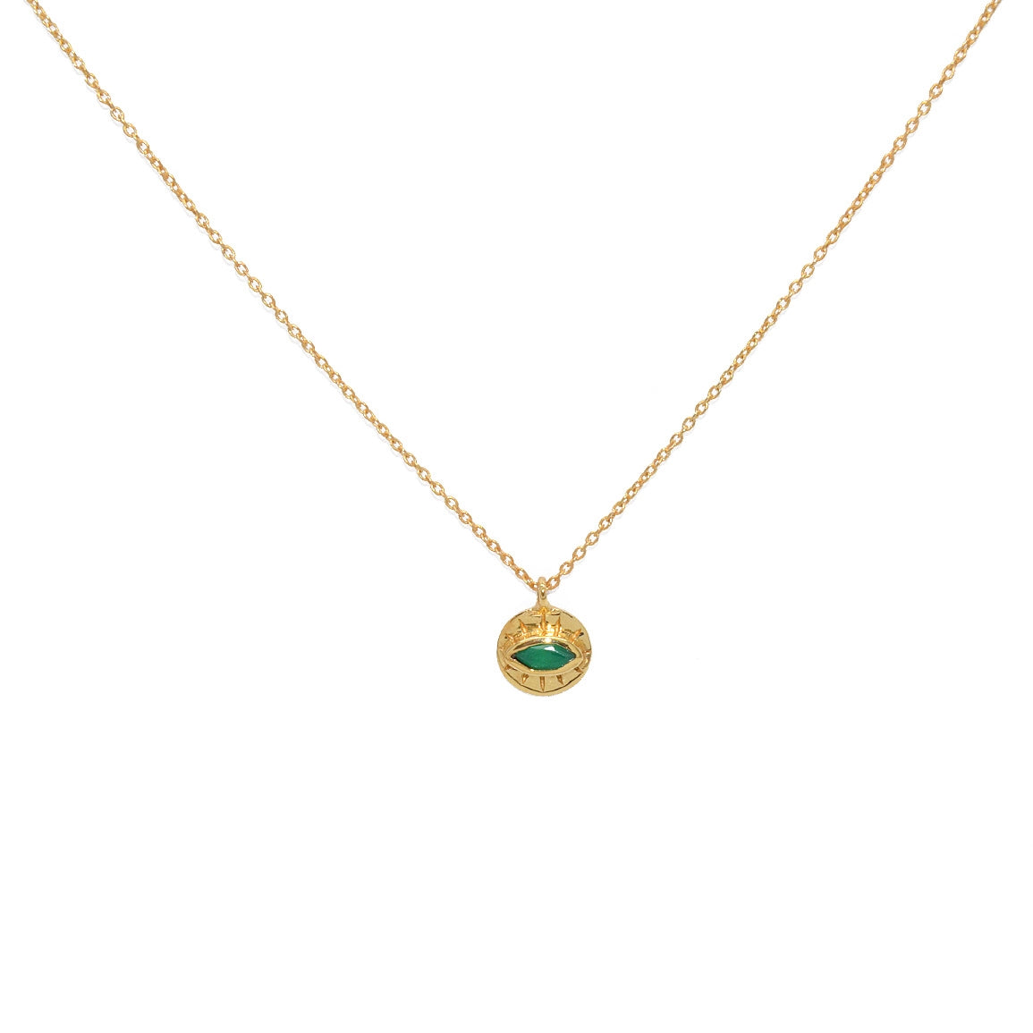 Collier doré médaille ronde oeil et pierre - ONYX VERTE -