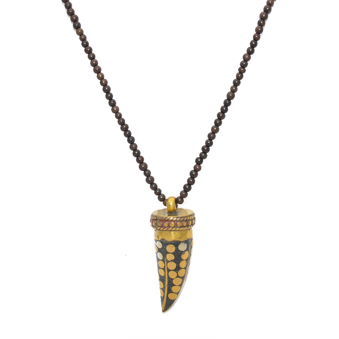 Sautoir perles en bois et corne en laiton multicolore