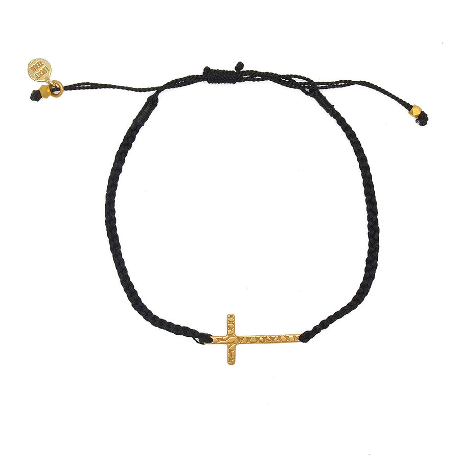 Bracelet tressé et croix martelée dorée - NOIR