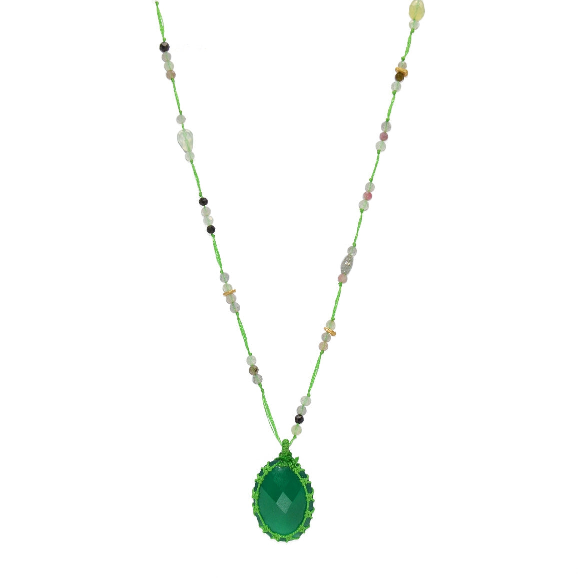 Sautoir vert onyx verte prehnite et tourmaline