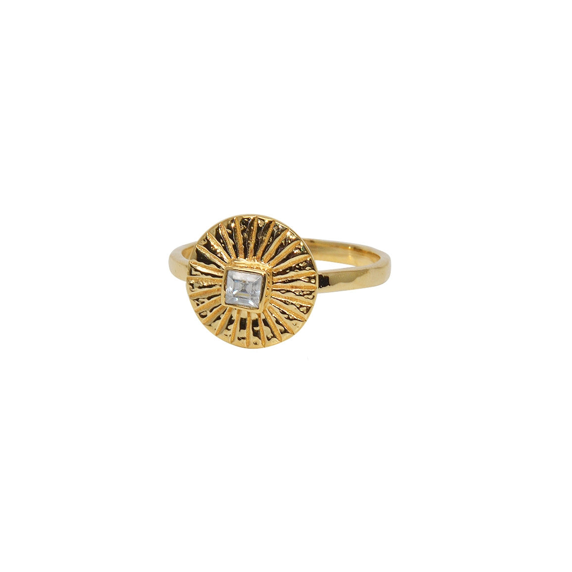 Bague dorée martelée rond strié et pierre - 54 / ZIRCON