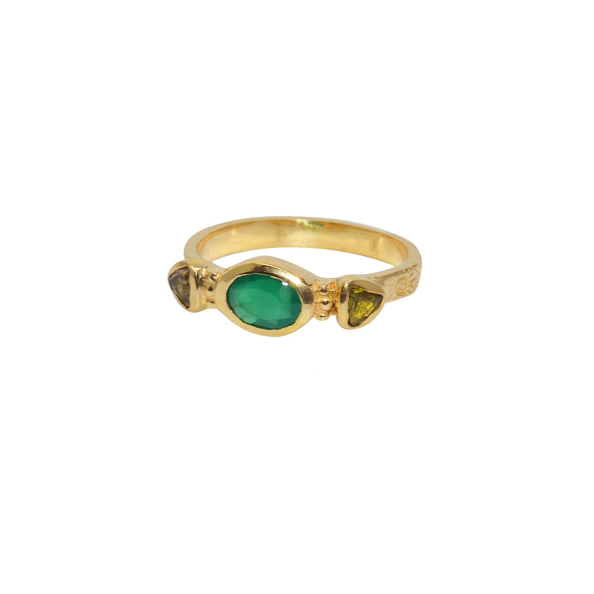 Bague dorée motifs fleurs et pierres - 50 / ONYX VERTE -