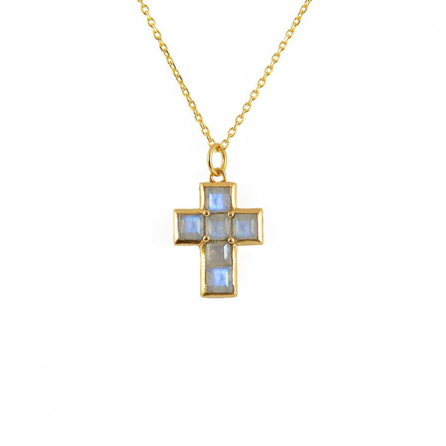 Collier doré pendentif croix pierres carrées - LABRADORITE