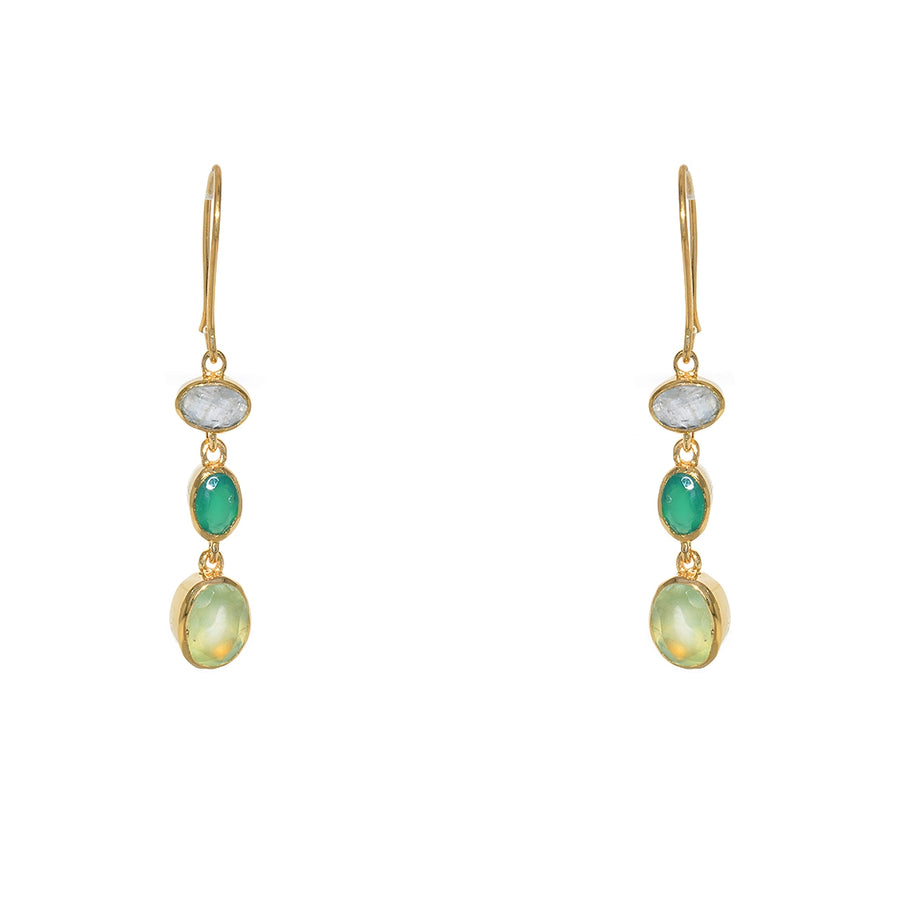 Boucles dorées pierre de lune, prehnite et onyx verte