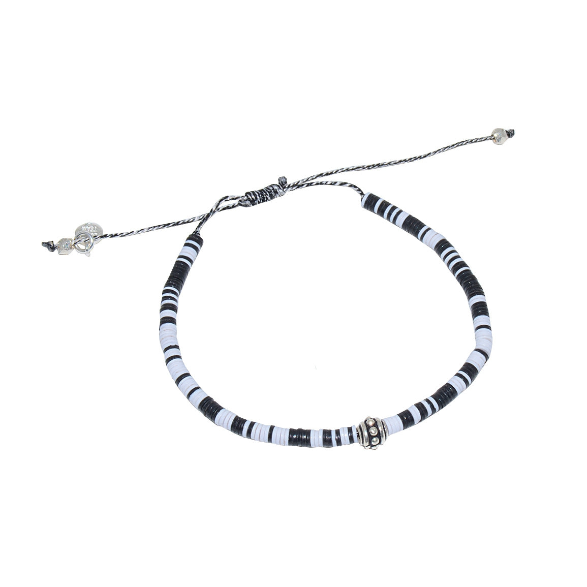 Bracelet vinyle noir et blanc perle bohà¨me argent 925