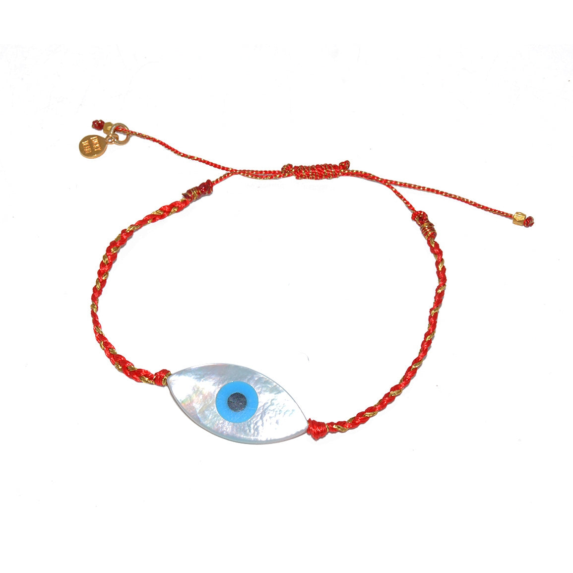Bracelet cordon rouge doré et oeil nacre