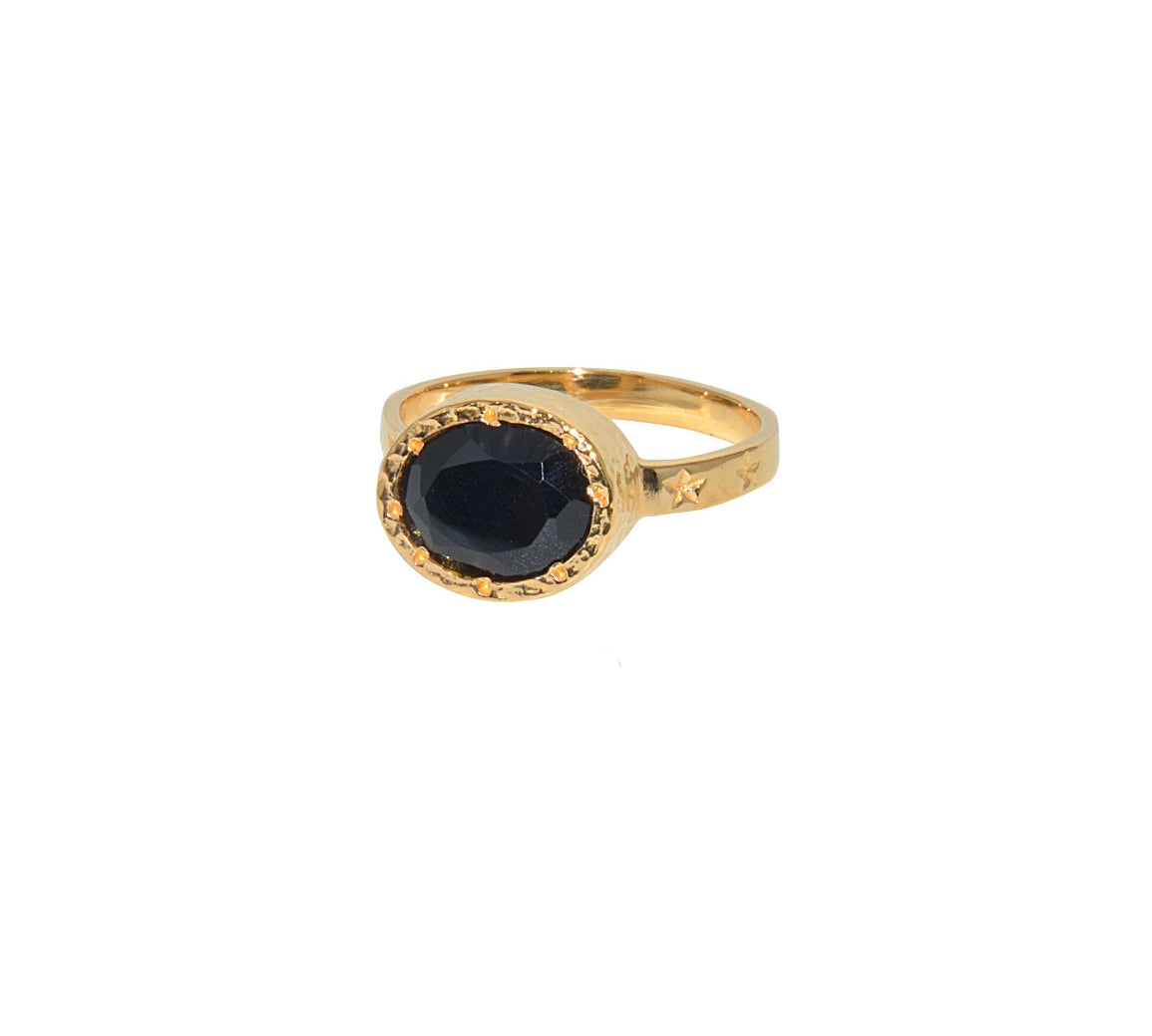 Bague dorée martelée pierre ovale et étoiles - 52 / ONYX
