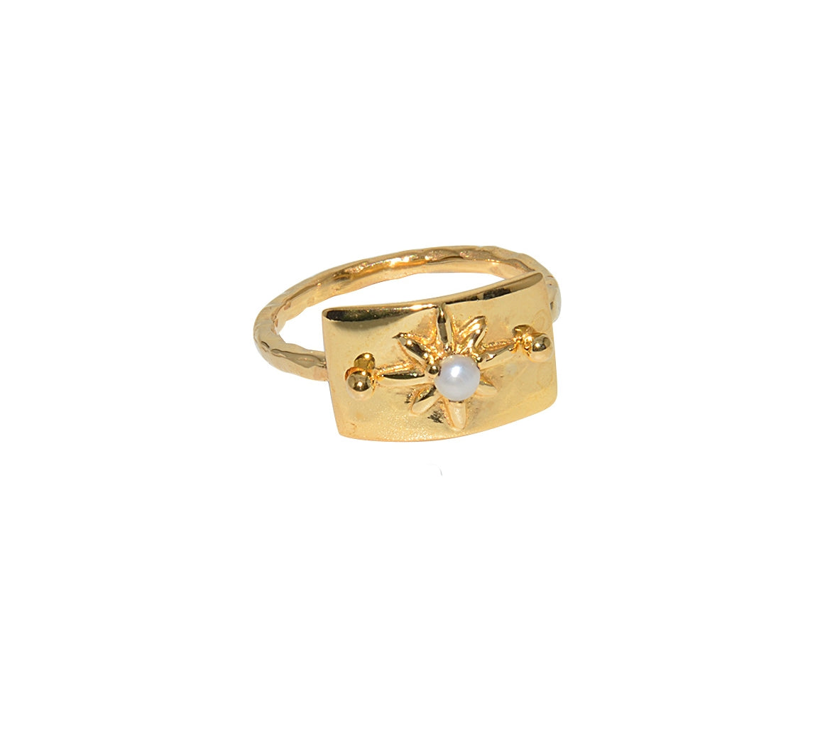 Bague plaque rose des vents dorée à l’or fin 18k - Bagues
