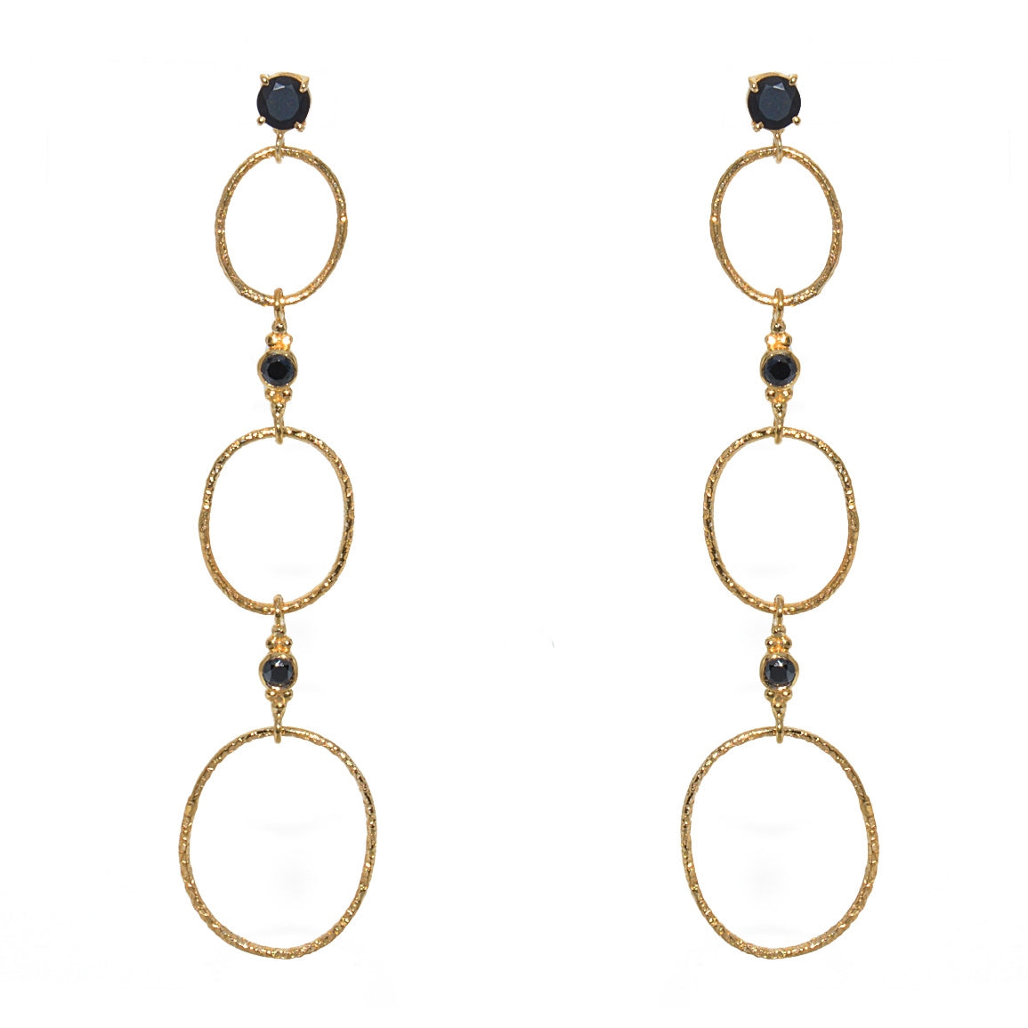 Boucles dorées anneaux martelés et pierre - ONYX NOIRE