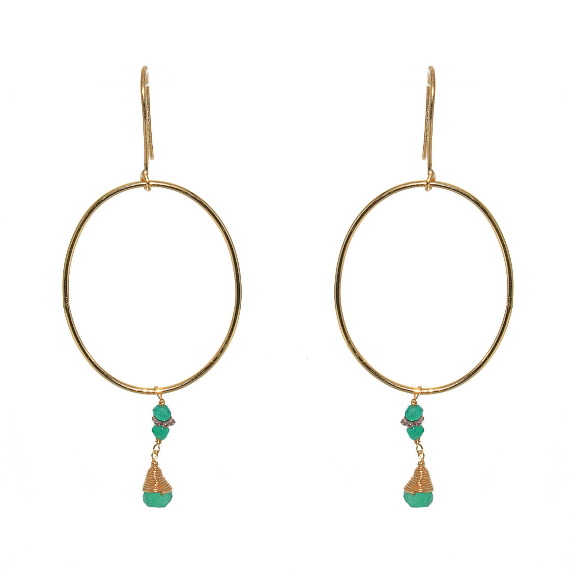 Boucles dorées et anneau et pierre goutte - ONYX VERTE