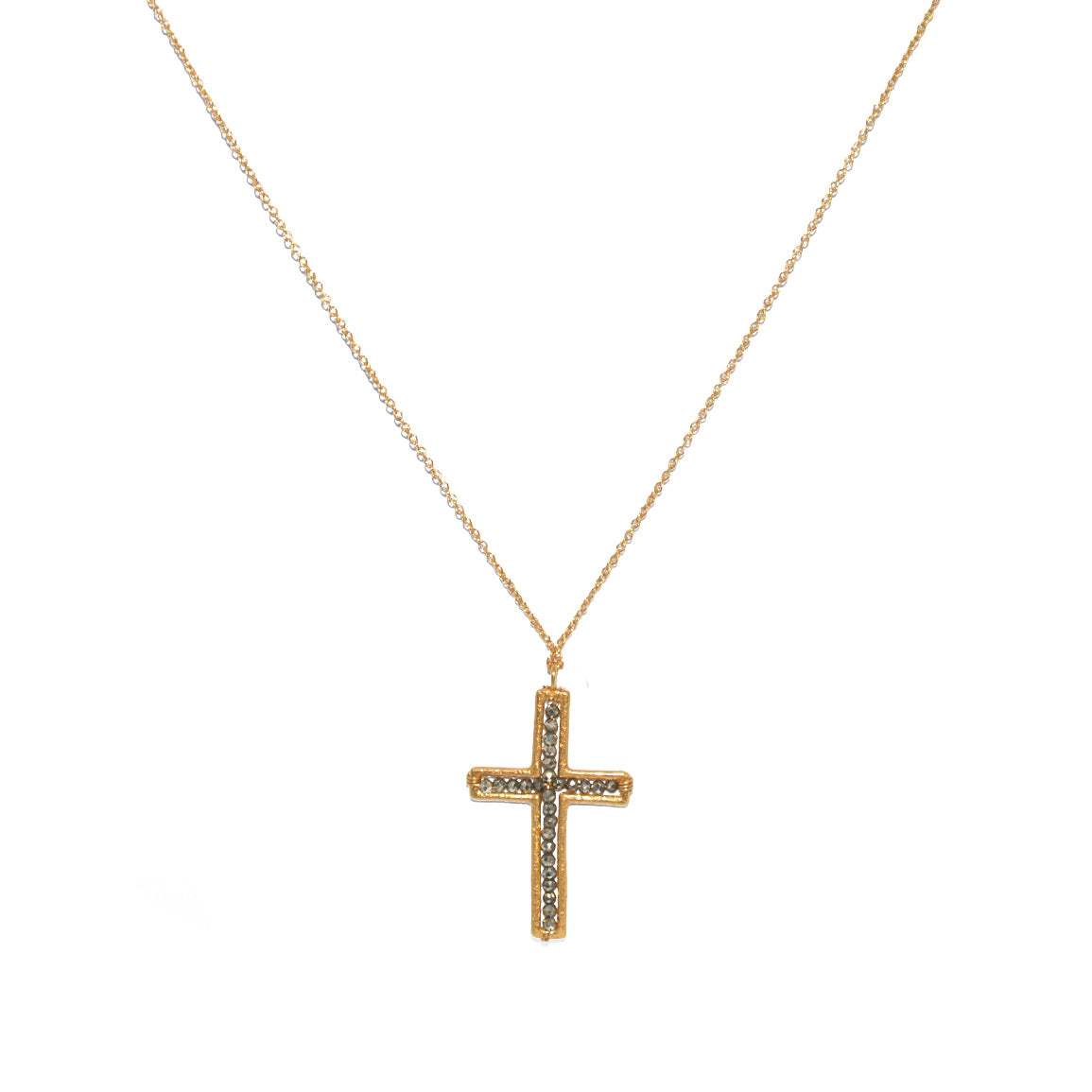 Sautoir doré pendentif croix et pierre - PYRITE GRISE