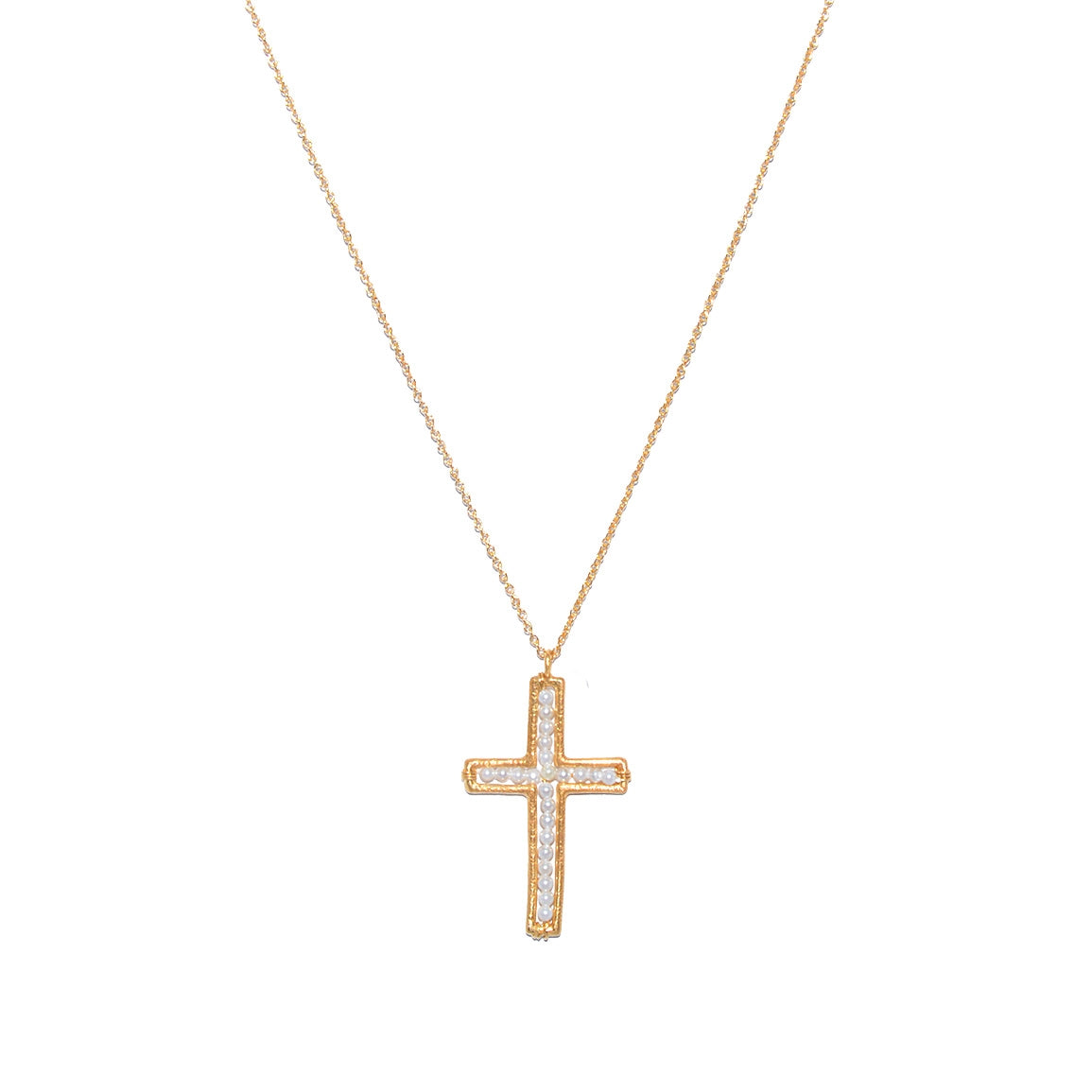 Sautoir doré pendentif croix et pierre - PERLE DE CULTURE
