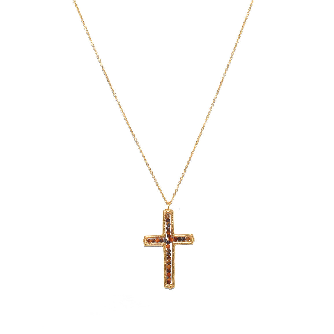 Sautoir doré pendentif croix et pierre