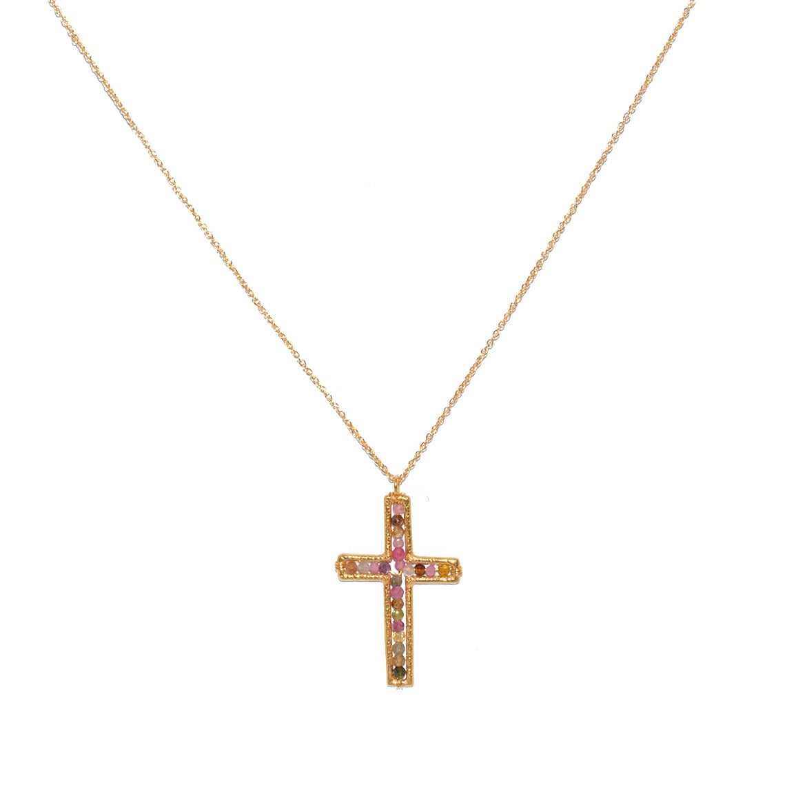 Sautoir doré pendentif croix et pierre