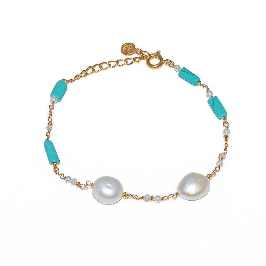 Bracelet doré turquoise perles de culture et pierre de lune
