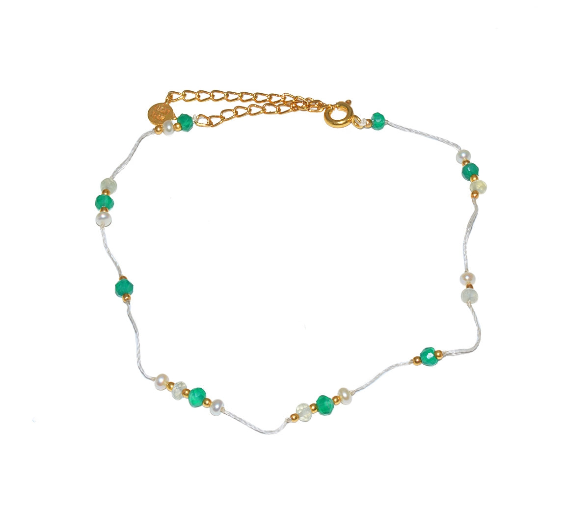 Chaine de cheville dorée et pierres - ONYX VERTE - PREHNITE