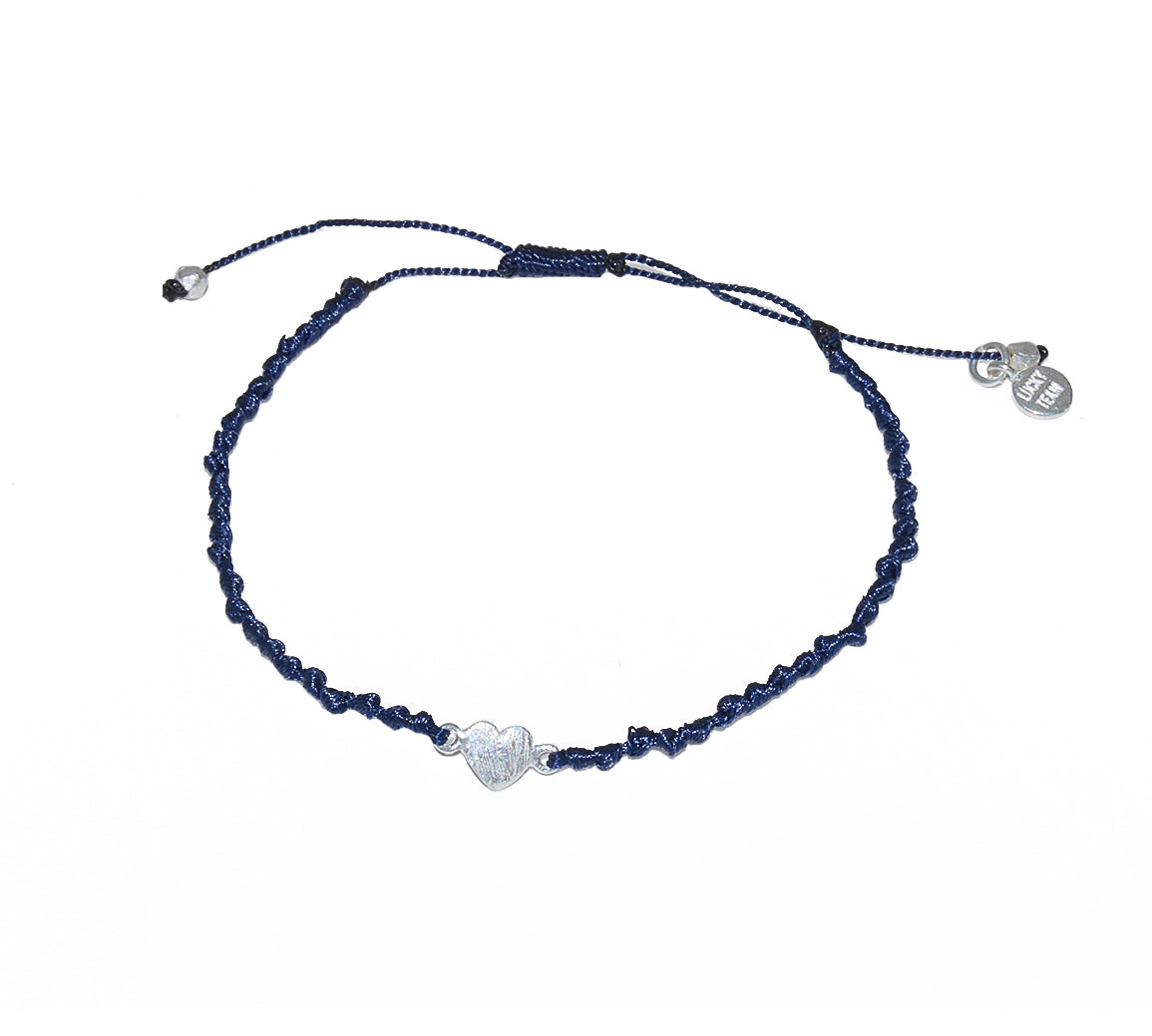 Bracelet cordon et petit coeur argent 925 brossé - BLEU