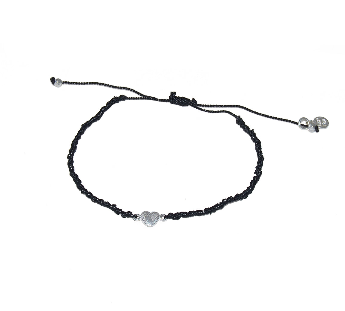 Bracelet cordon et petit coeur argent 925 brossé - NOIR