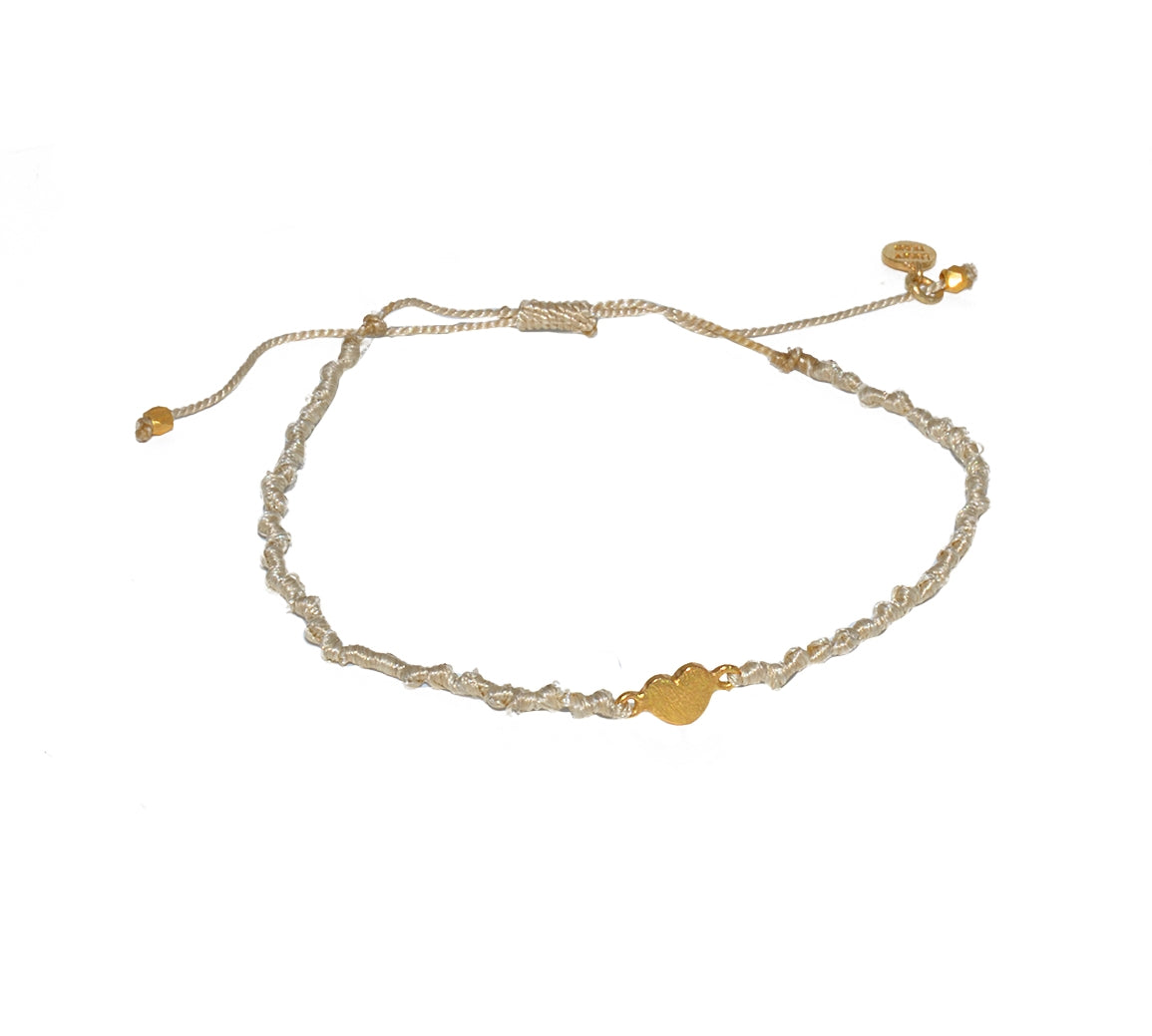 Bracelet cordon et petit coeur doré brossé - BEIGE