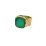 Chevalière dorée texturée et pierre carrée - 50 / ONYX VERTE