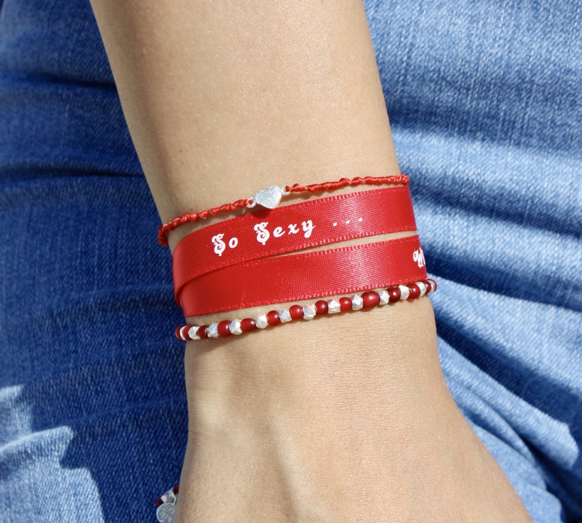 Bracelet cordon et petit coeur argent 925 brossé - ROUGE