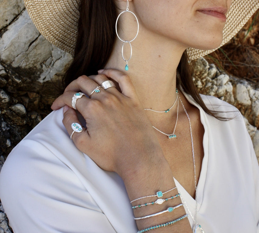 Bague martelée trio de pierre turquoise en argent 925 -