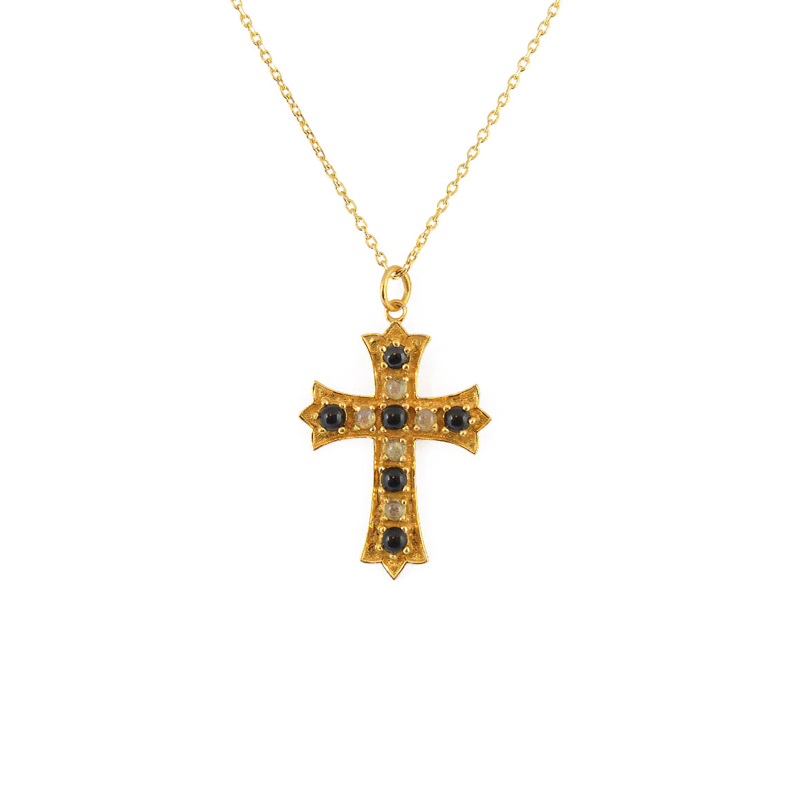 Collier doré croix duo de pierres - ONYX NOIRE & LABRADORITE